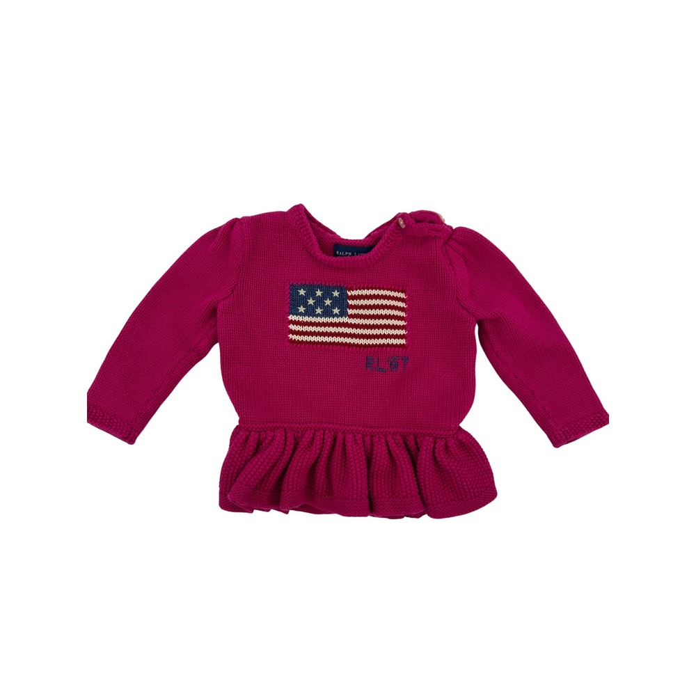 Ralph Lauren Sweater Baby Girls 12M Pink American Flag Peplum Knit Cotton